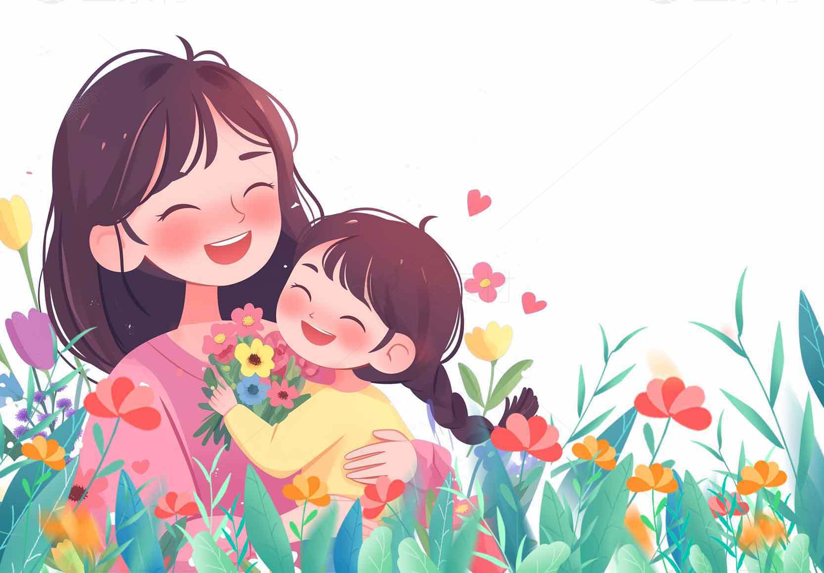 母女温馨插画：花丛中的拥抱时光素材