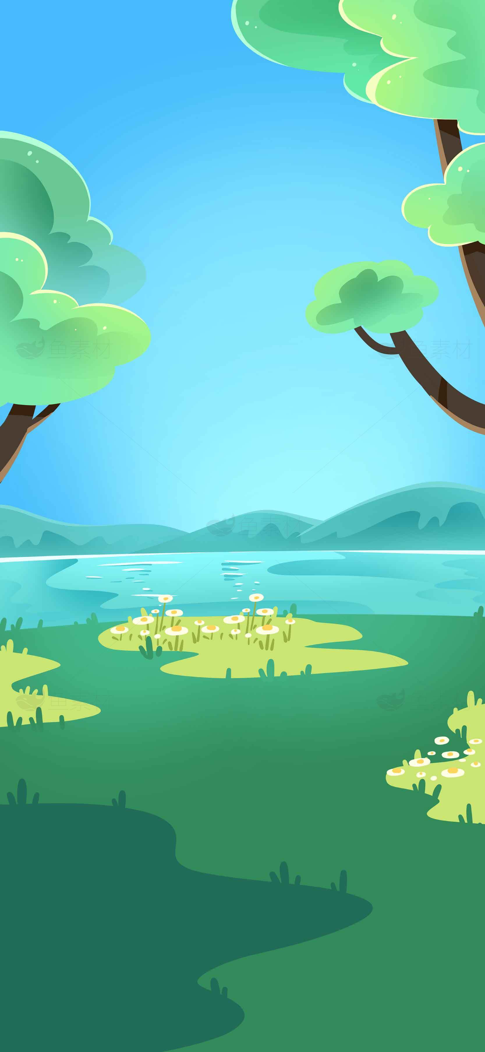 清新自然湖畔风景插画背景图片素材