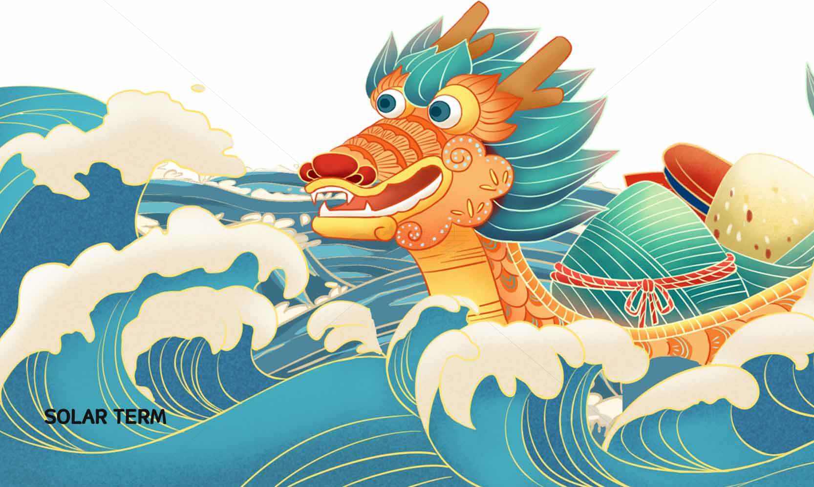 中国传统龙舟与海浪插画设计素材