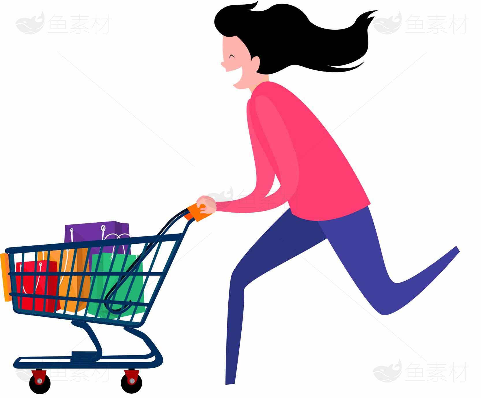 快乐购物插画：女性推购物车的动态场景素材