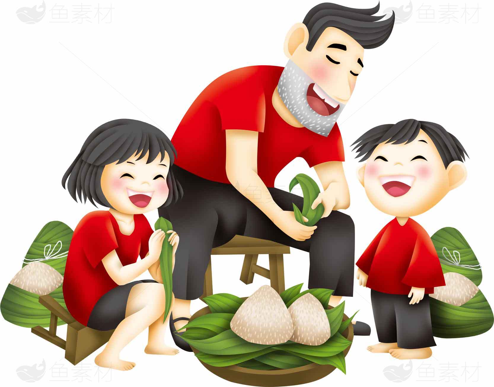 卡通父亲与孩子一起包粽子场景插画素材