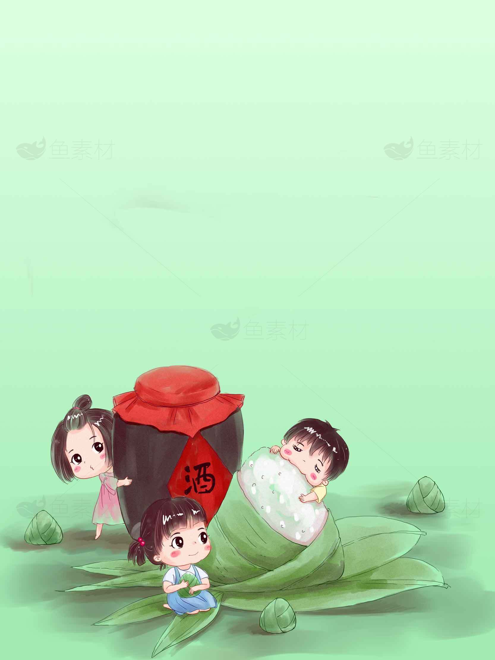 古风卡通插画：酒坛与荷叶上的趣味场景素材