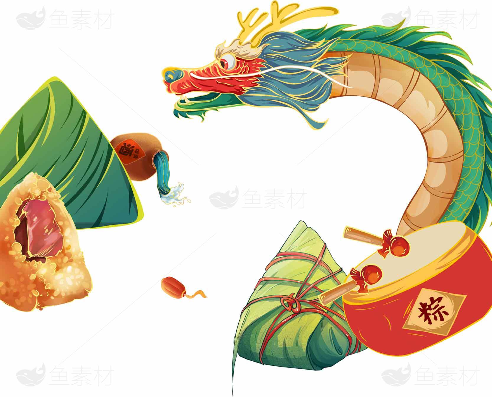 端午节龙舟竞渡与传统粽子插画设计素材