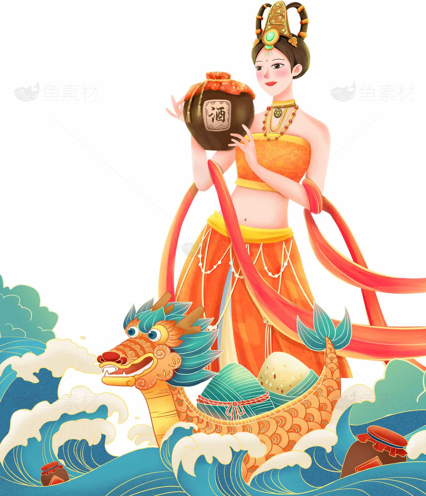 中国传统文化插画：龙舟与女神素材