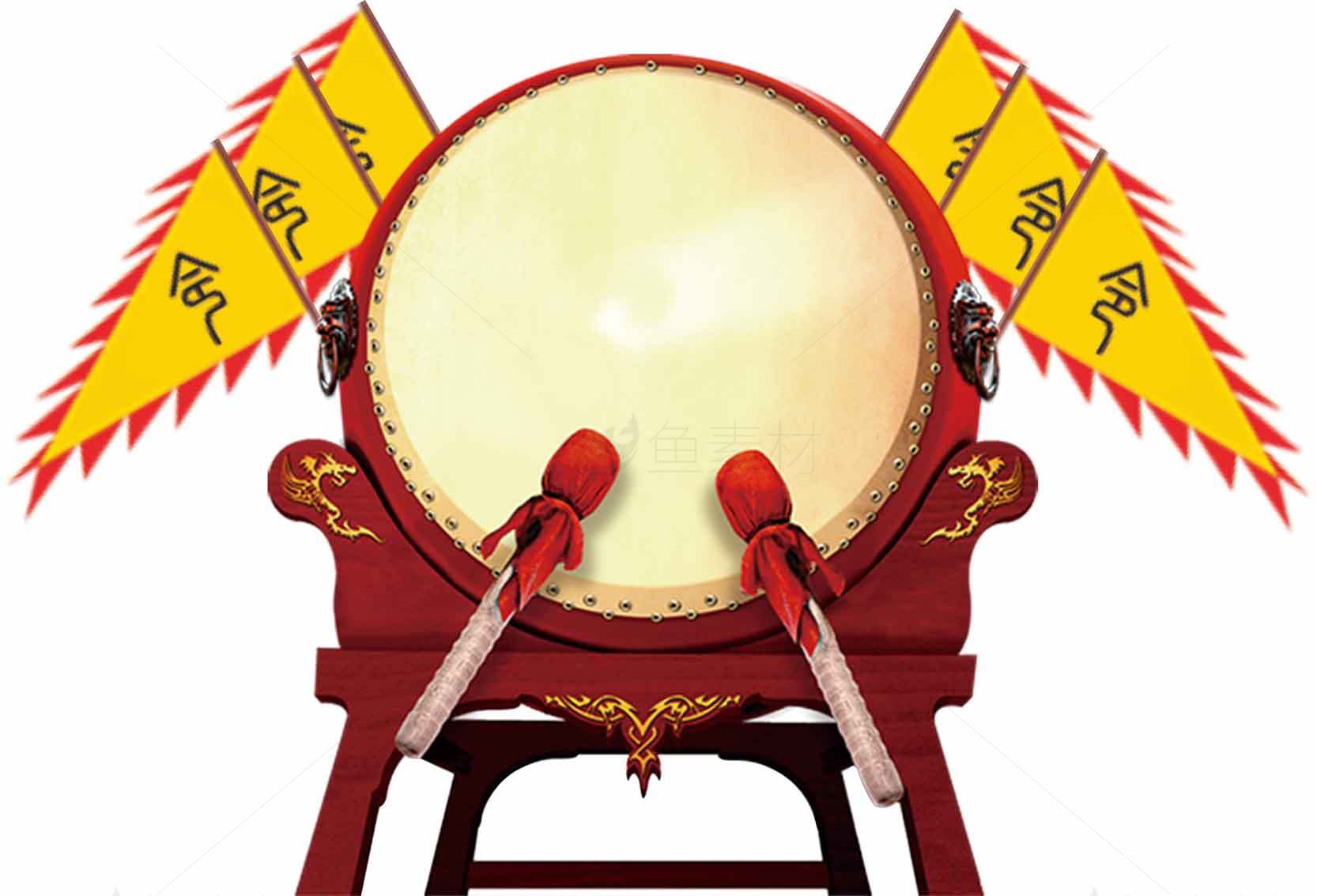 传统中国大鼓图片与黄色旗帜装饰素材