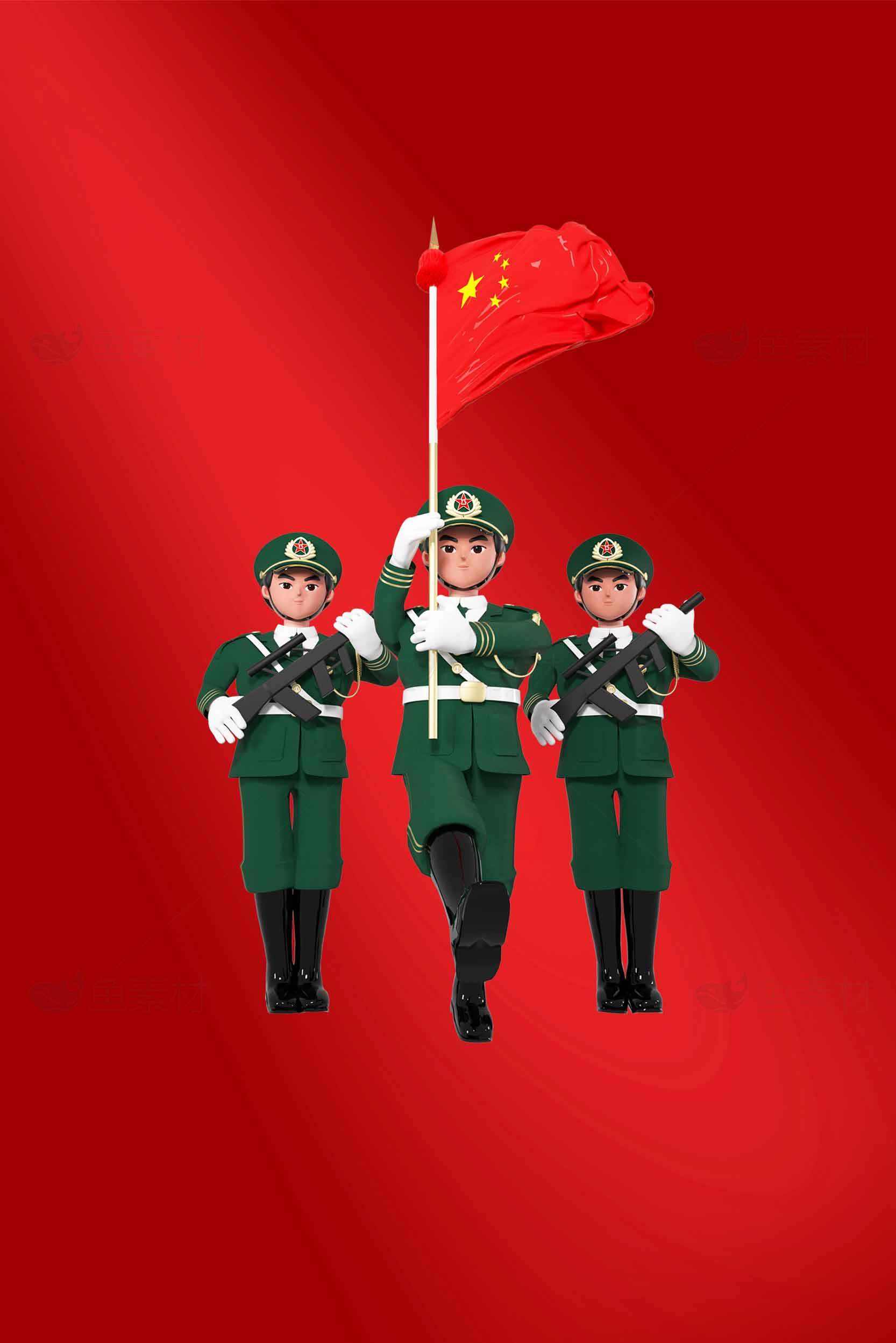 中国军人举国旗的庄严时刻素材