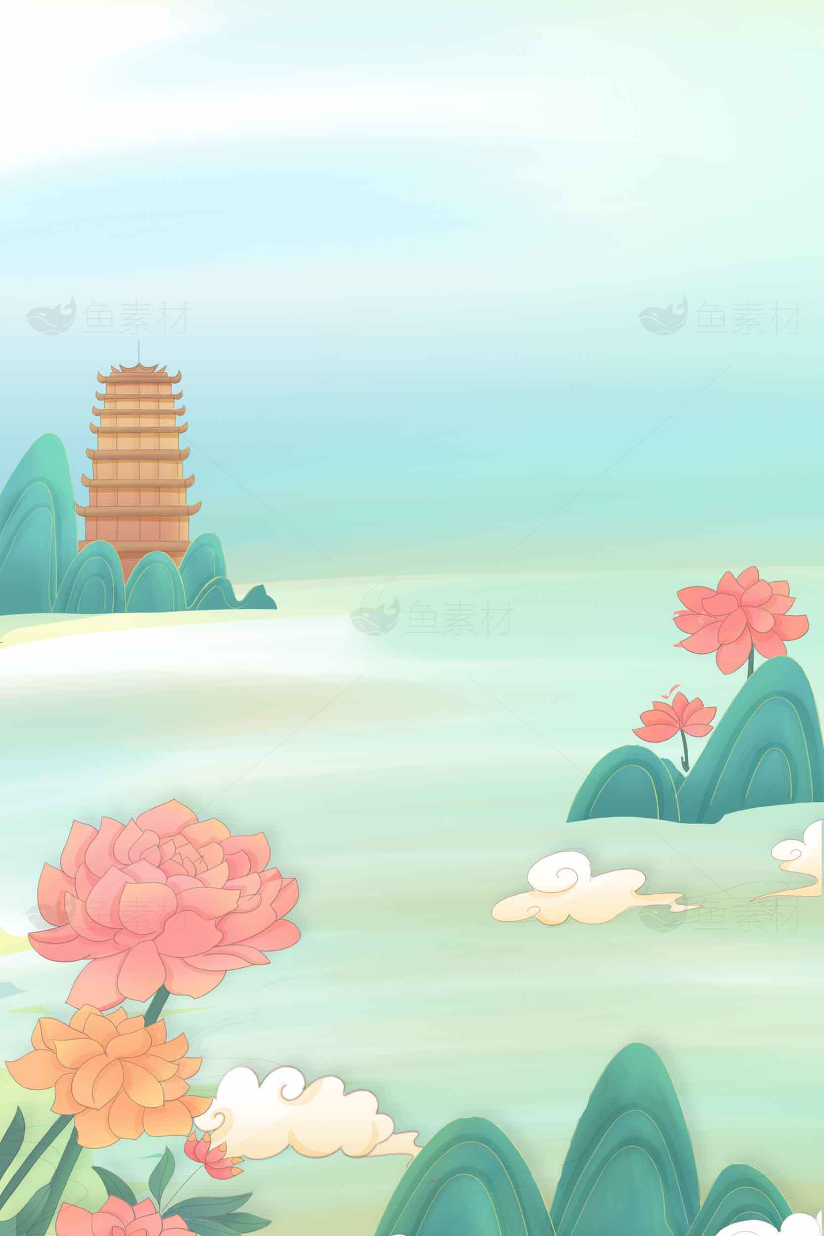 中国传统水墨风格湖景插画素材