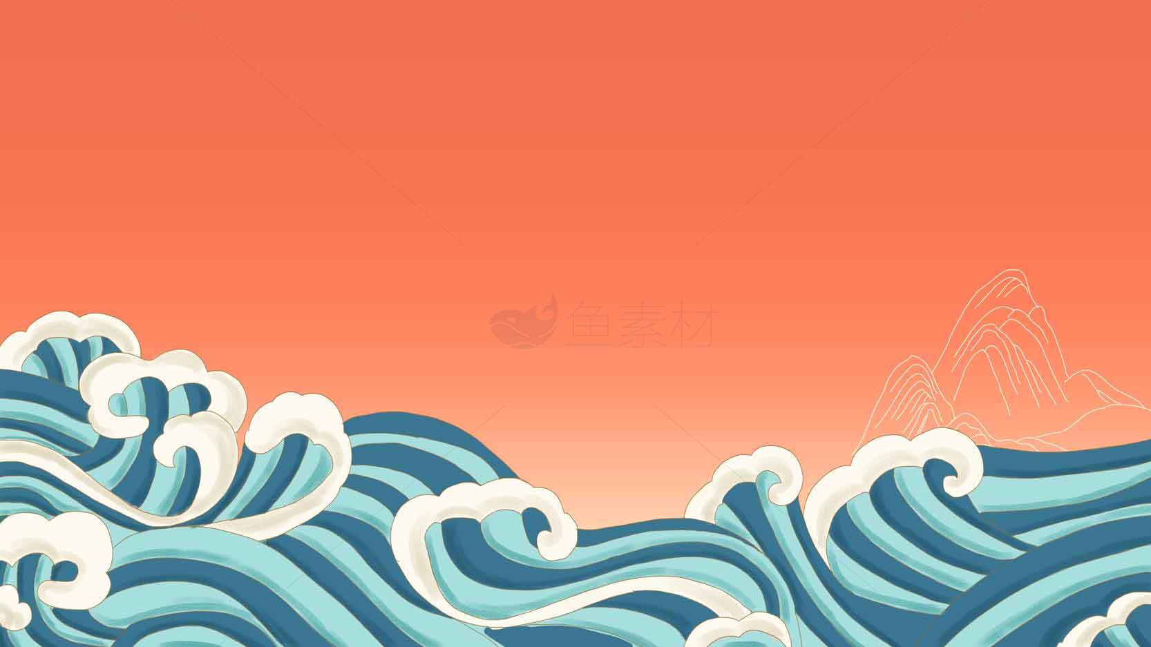 海浪与橙色天空插画背景图片素材