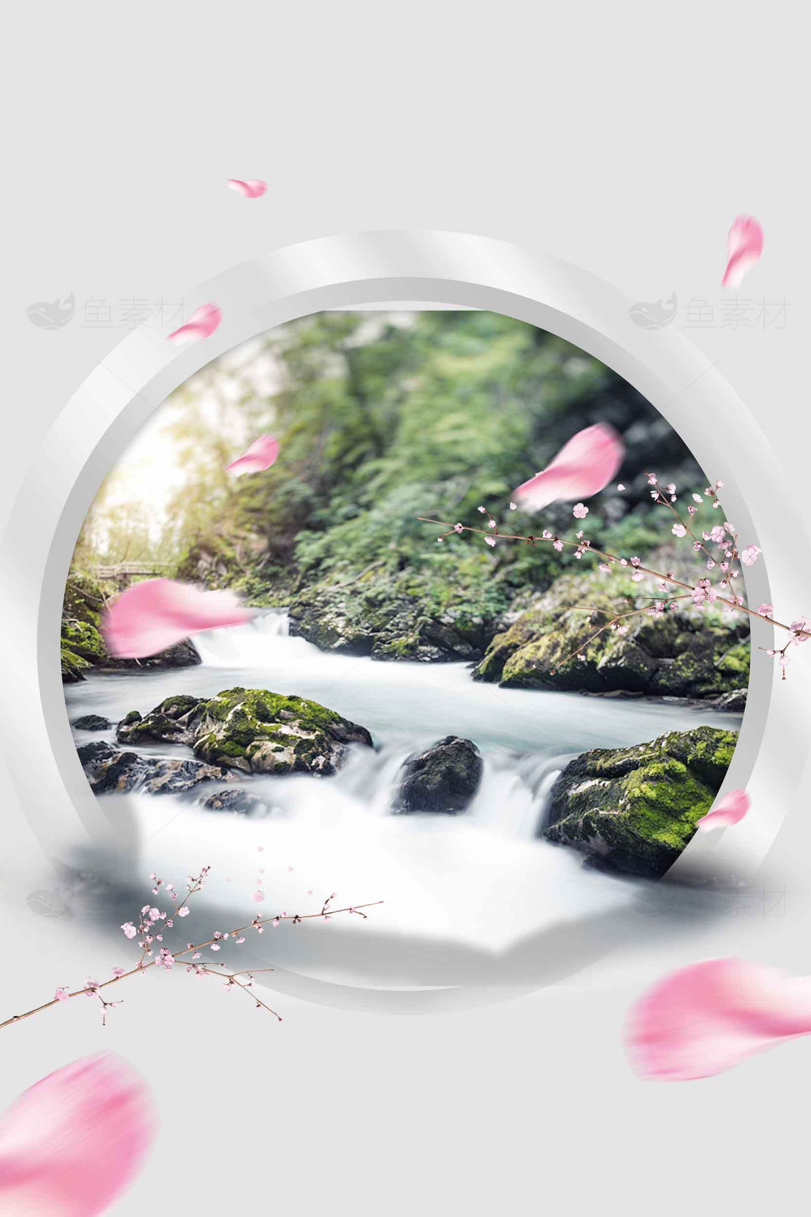 唯美自然风景与樱花飘落的溪流画面素材