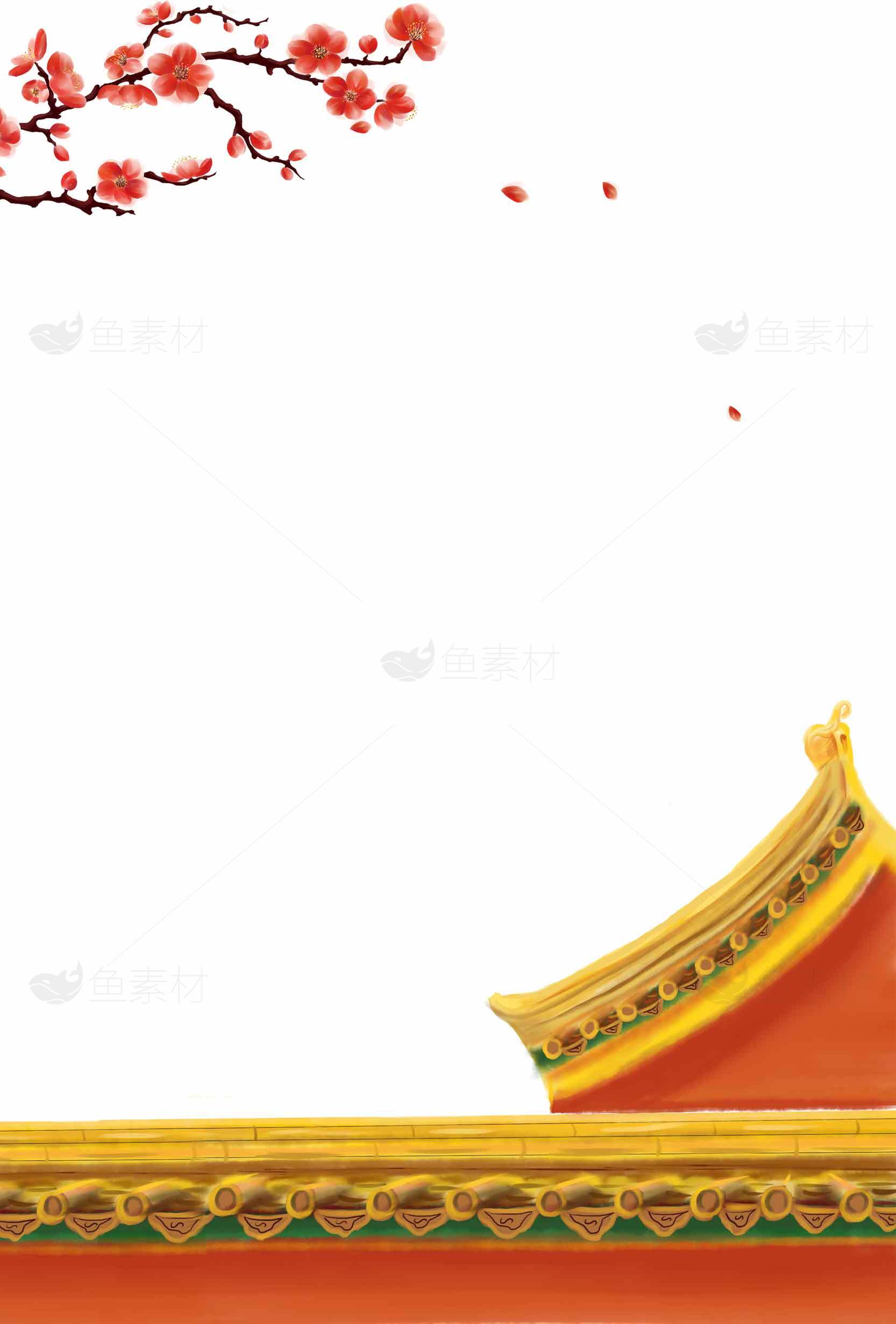 古典城楼与桃花意境背景图片素材