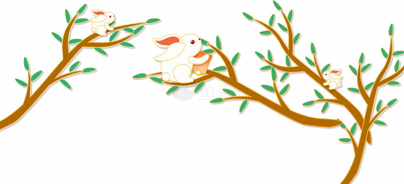 卡通兔子树枝插画背景图片素材