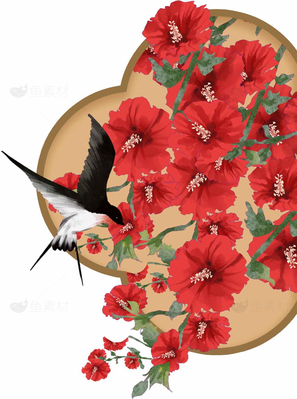 红色木槿与燕子插画设计素材