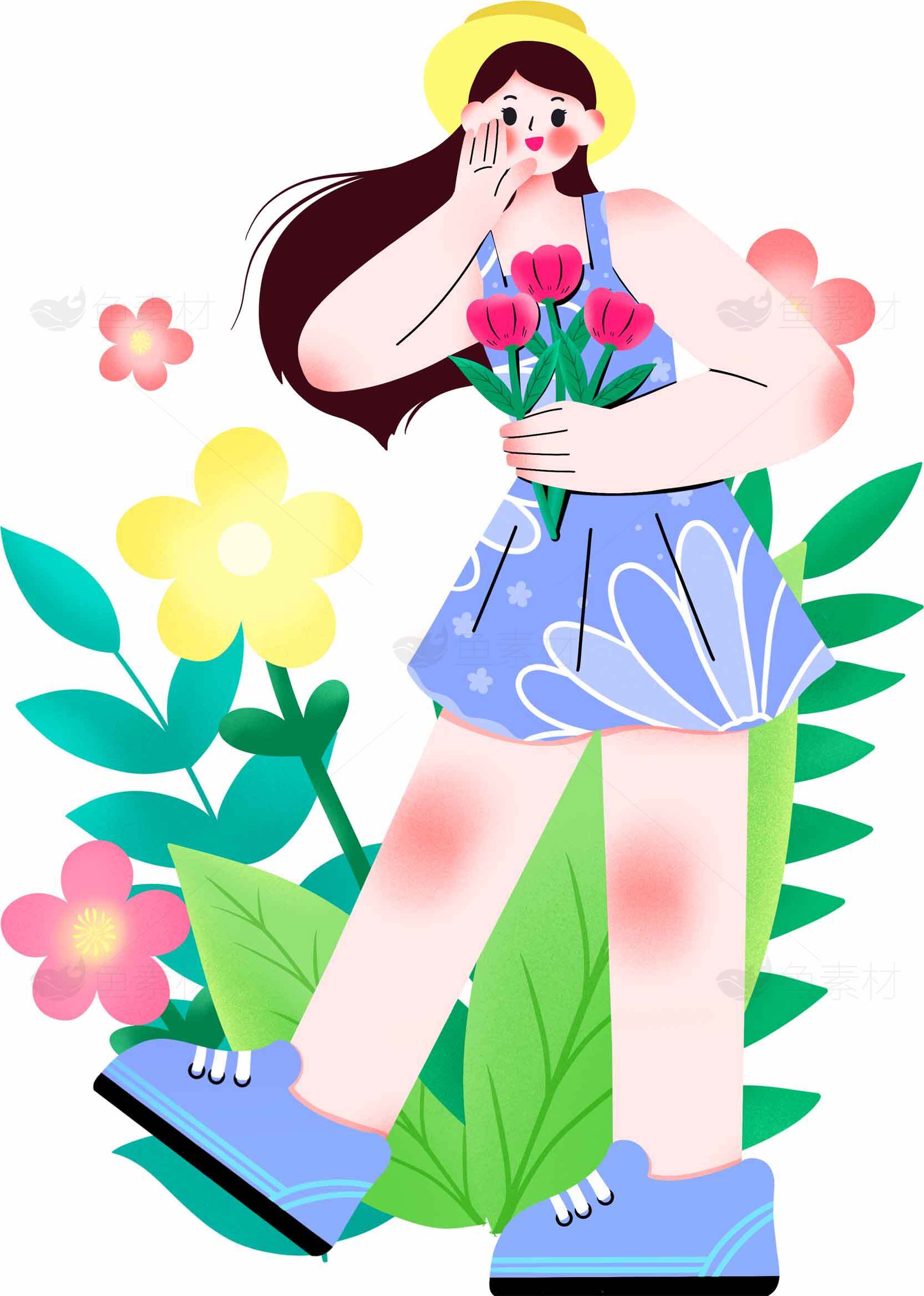 春日女孩插画设计：清新花卉与活力装扮素材