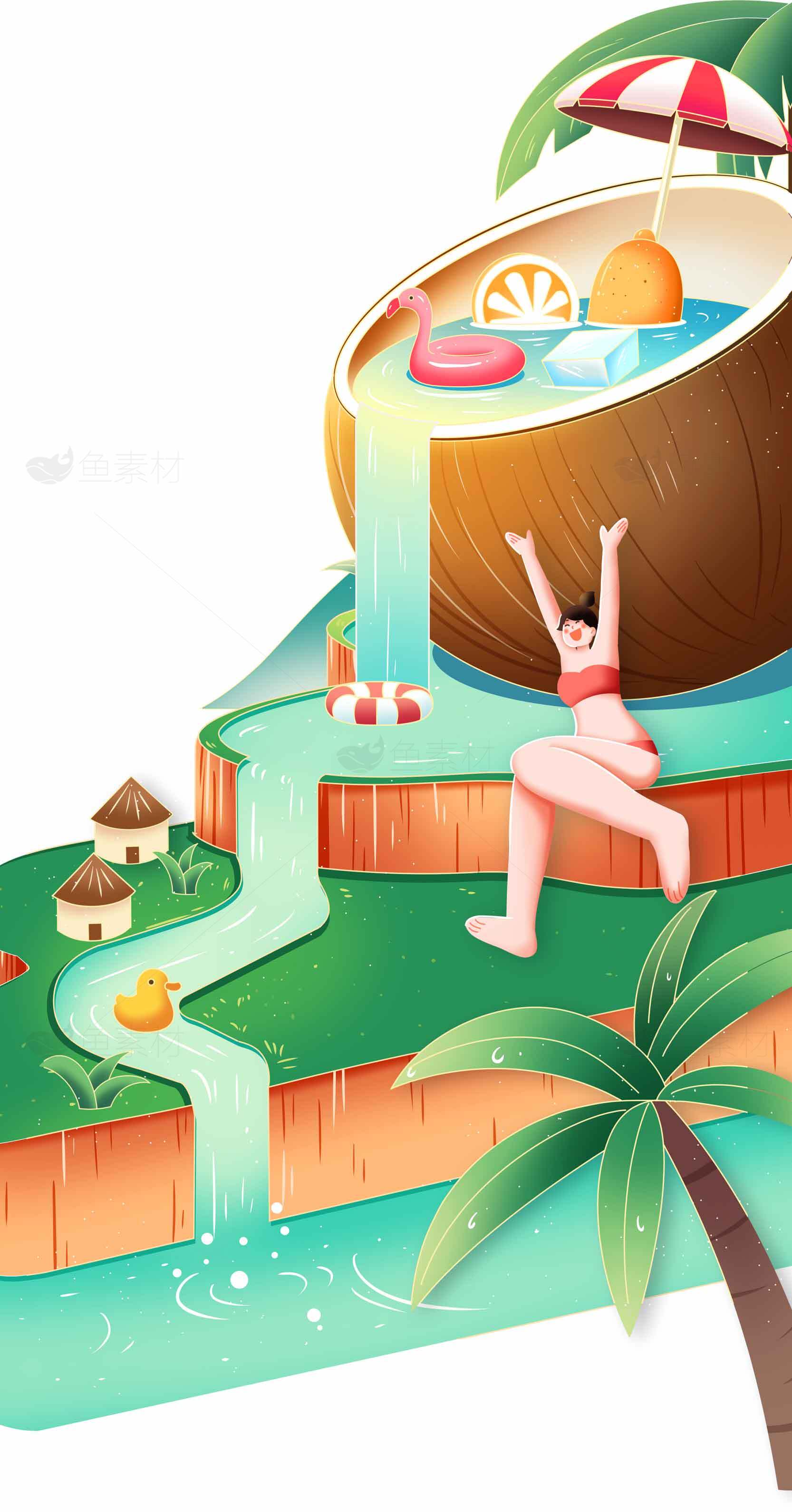 夏日椰子泳池度假插画设计素材
