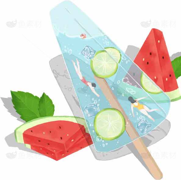 夏日清凉西瓜柠檬冰棒插画设计素材