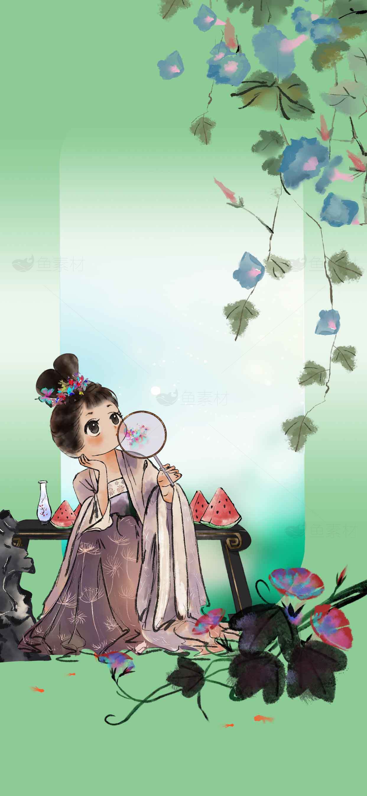 古风夏日清新插画背景图片素材