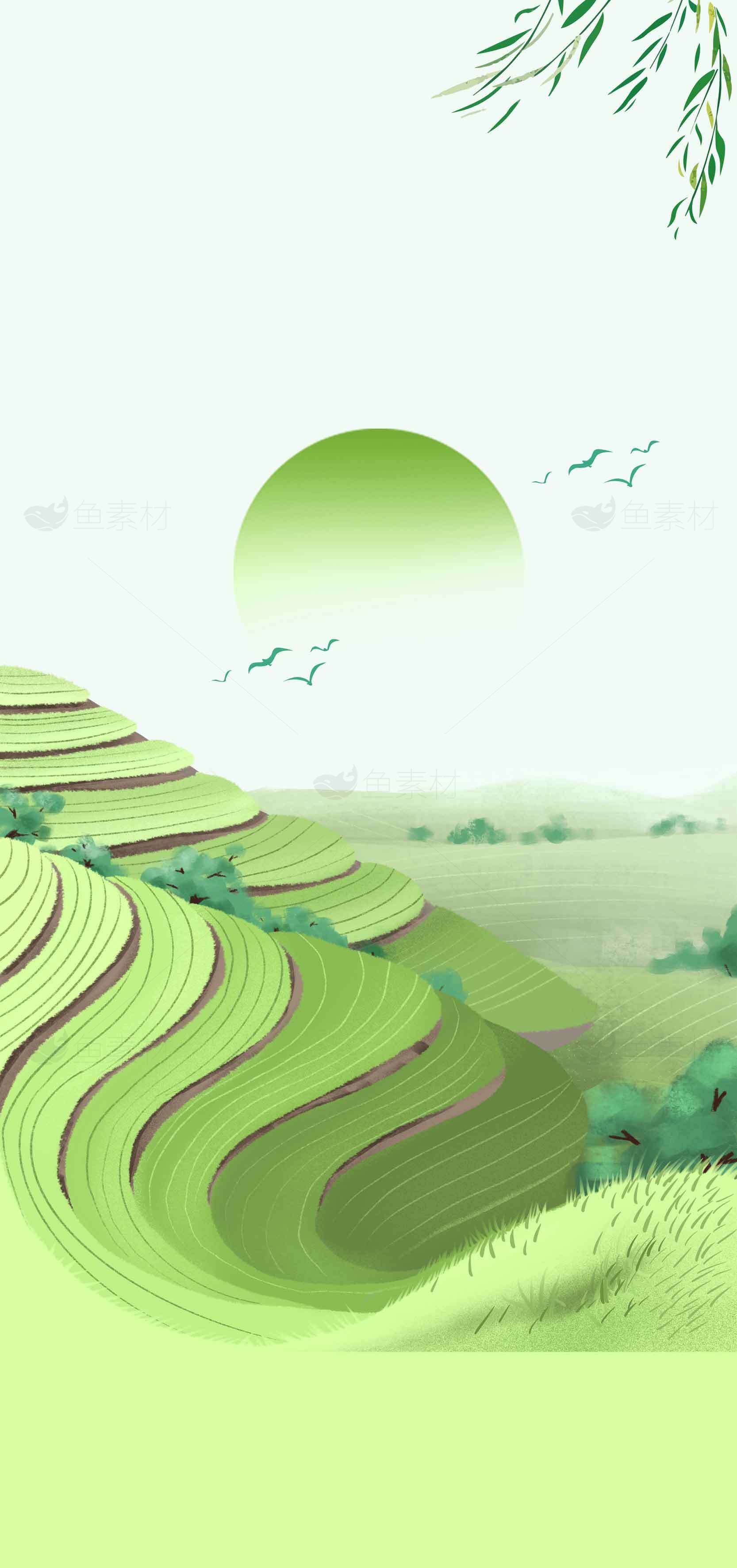 绿色田园风光插画背景图片素材