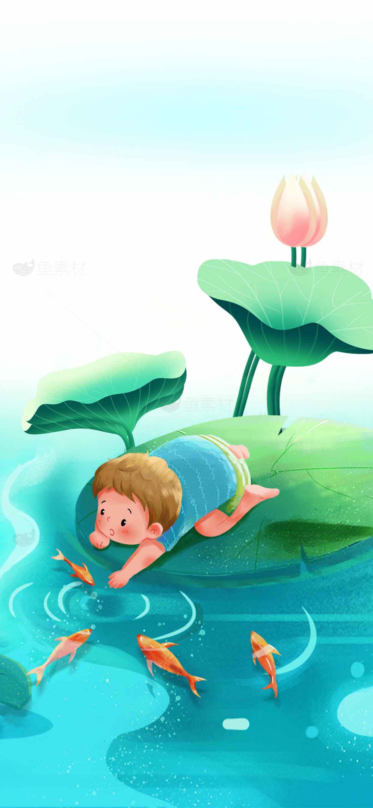儿童与荷塘金鱼的唯美插画素材
