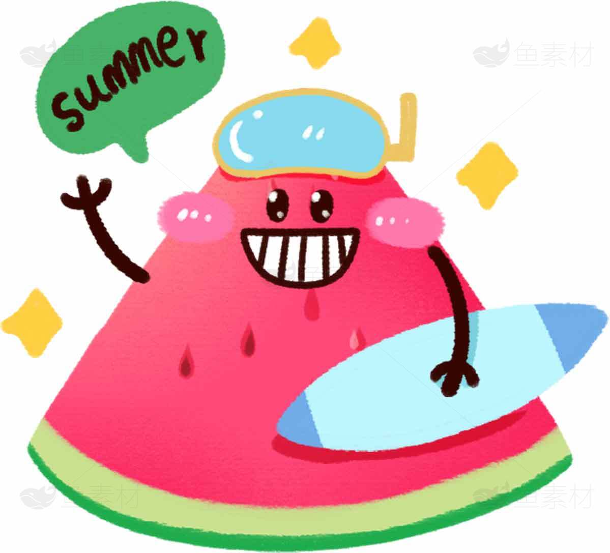 卡通西瓜夏日冲浪插画素材
