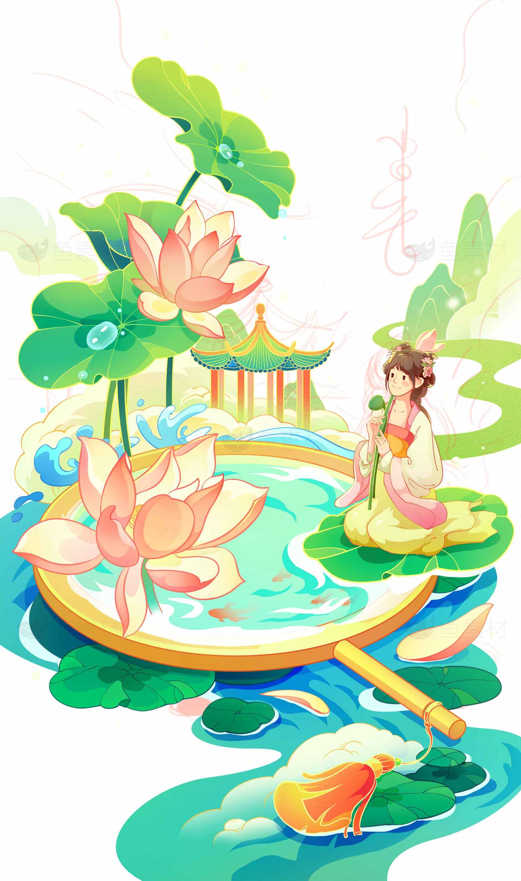 唯美古风荷花池插画素材