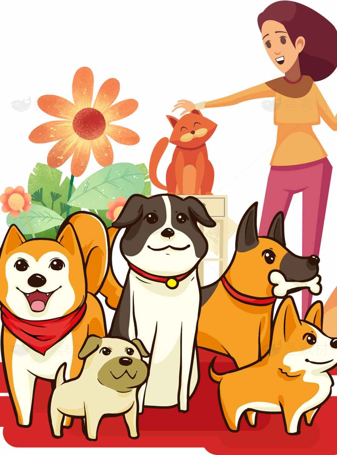 可爱宠物插画：狗狗与猫咪的欢乐时光素材