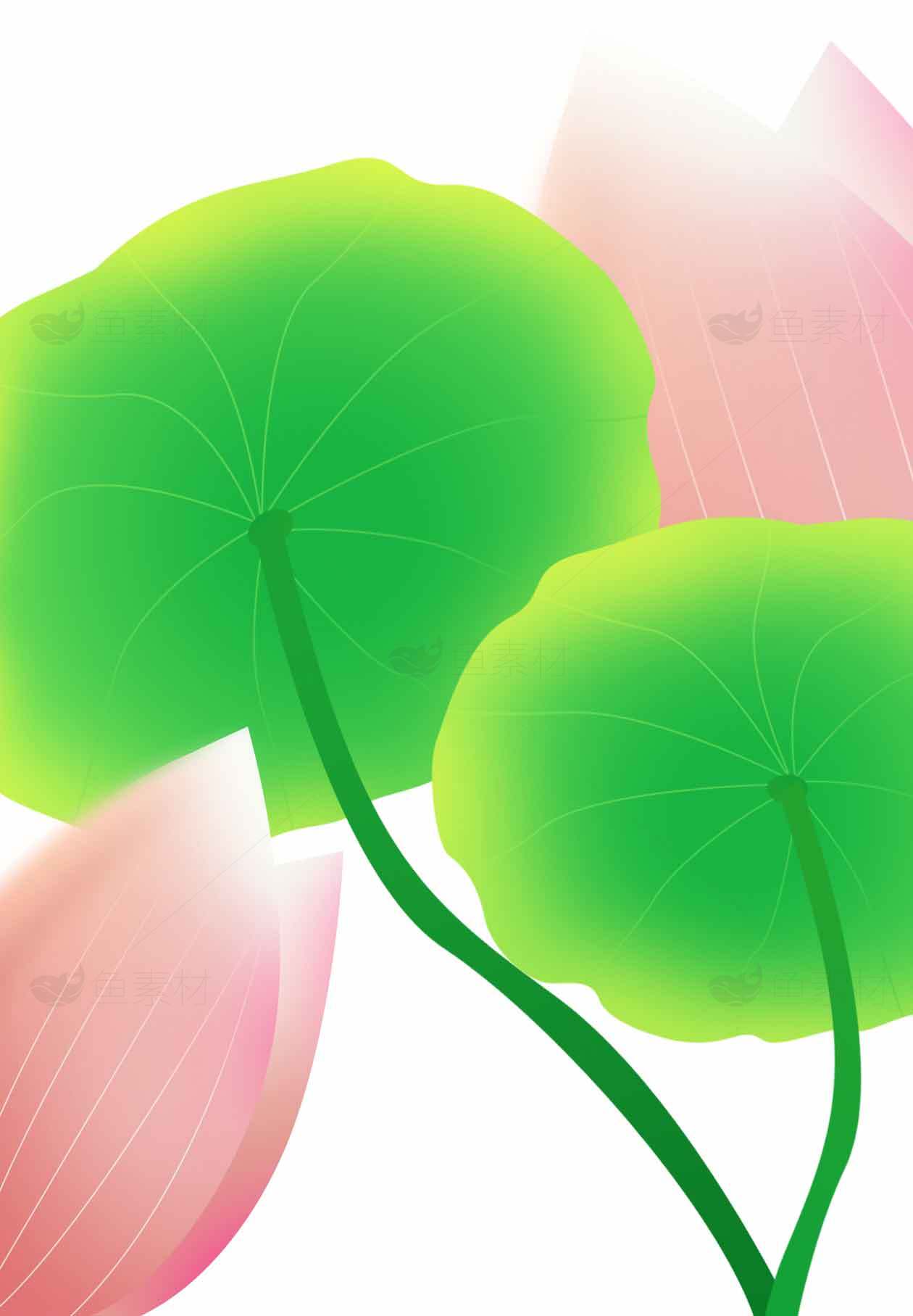清新荷叶与粉色花瓣插画设计素材