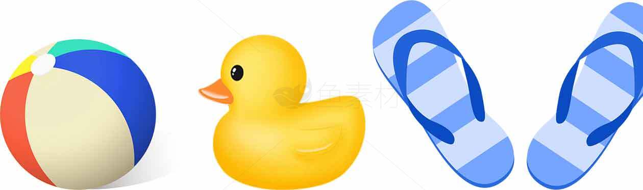 夏日沙滩玩具合集：海滩球、橡皮鸭和凉鞋素材
