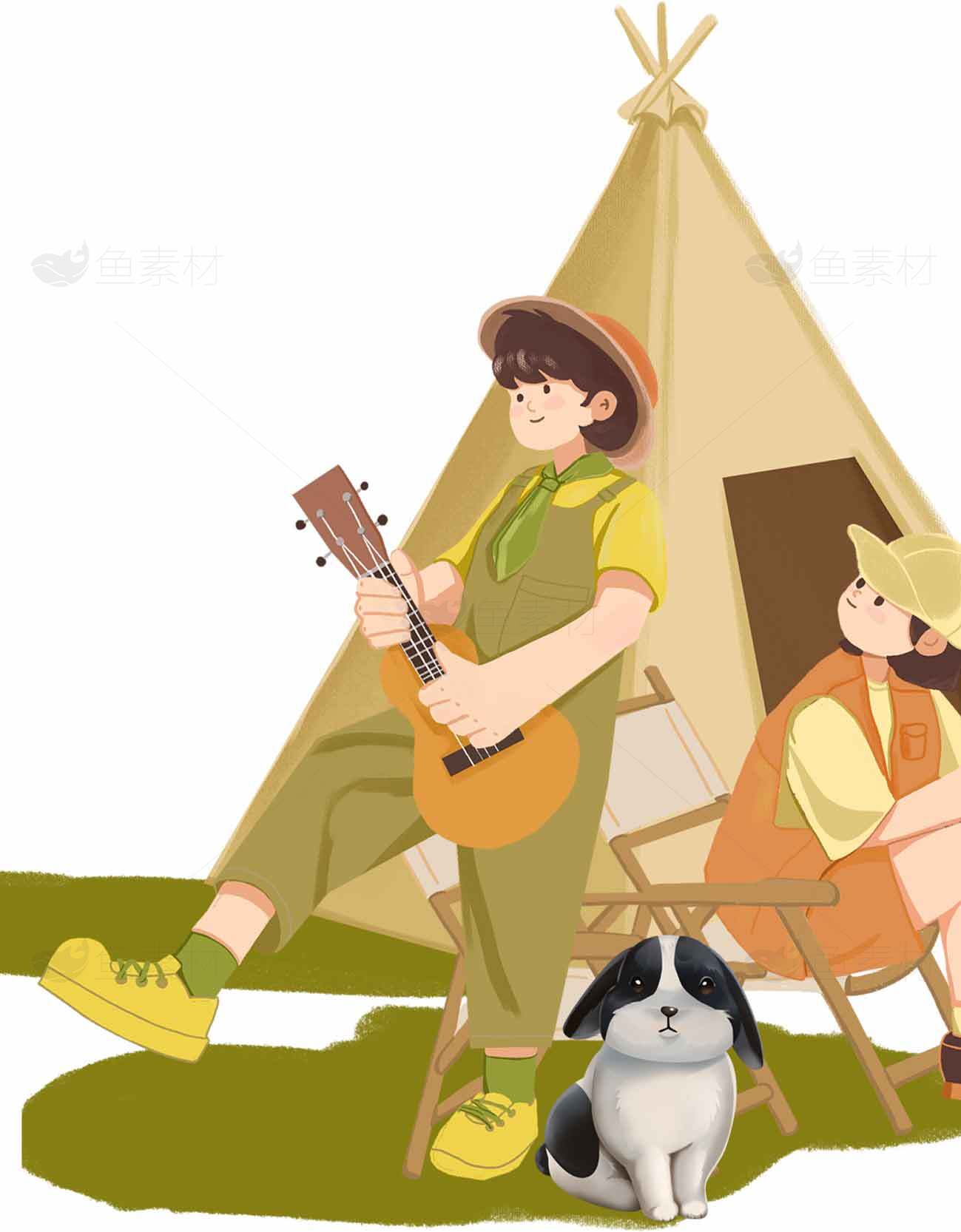 户外露营与音乐休闲场景插画素材