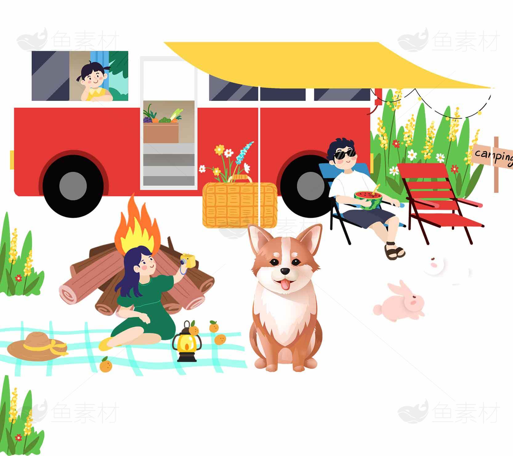 户外露营生活：红色房车与宠物的温馨时光素材
