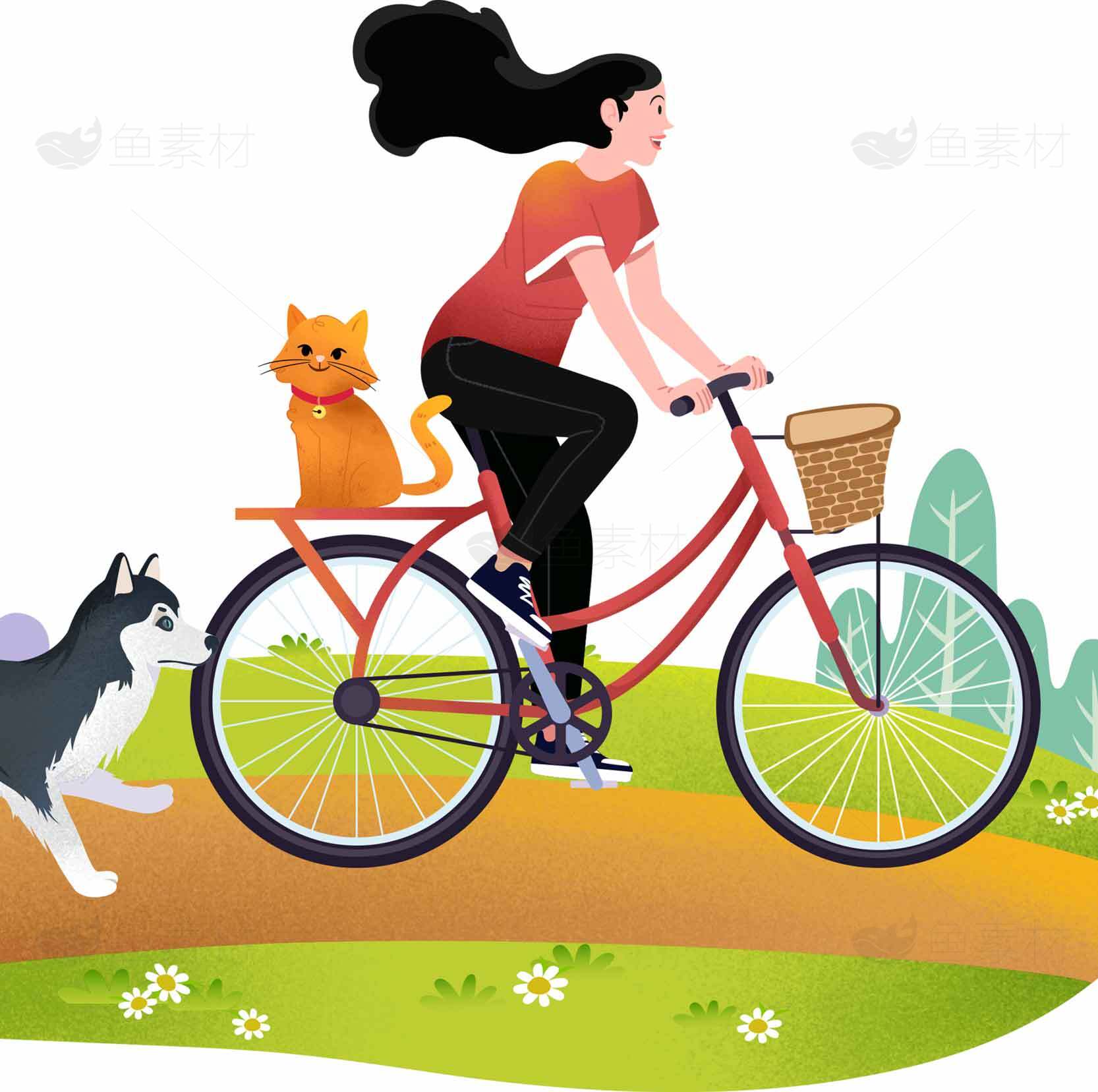 骑自行车的女孩与宠物狗和猫的插画素材