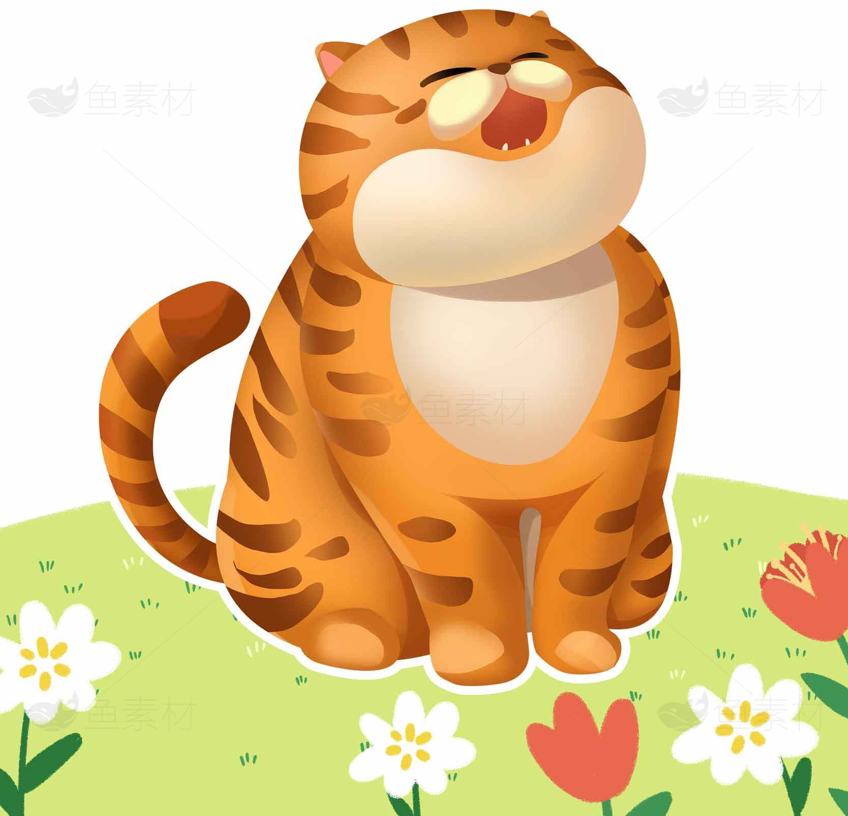 可爱橘猫卡通形象与春日花园背景素材