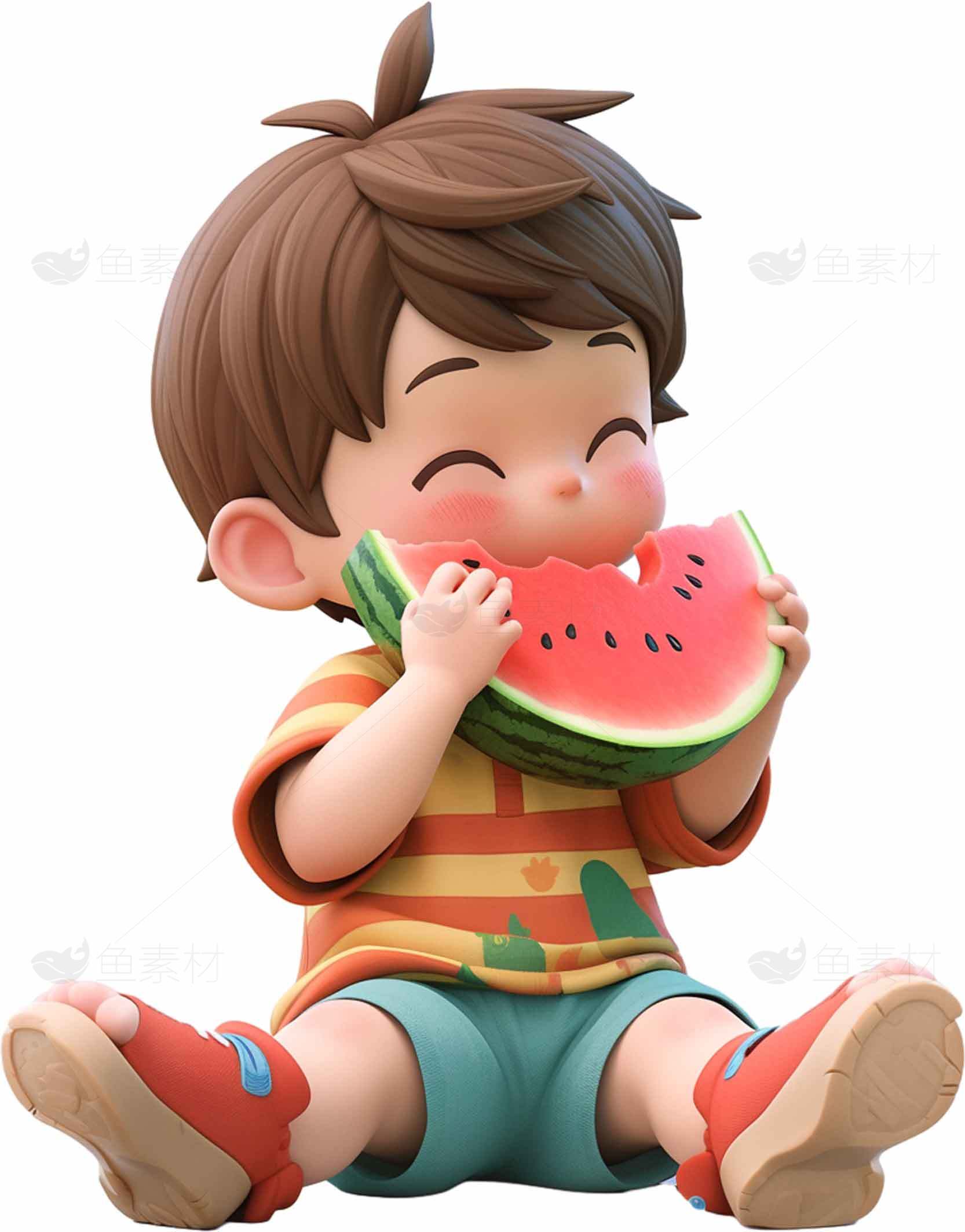 可爱男孩吃西瓜插画图片素材