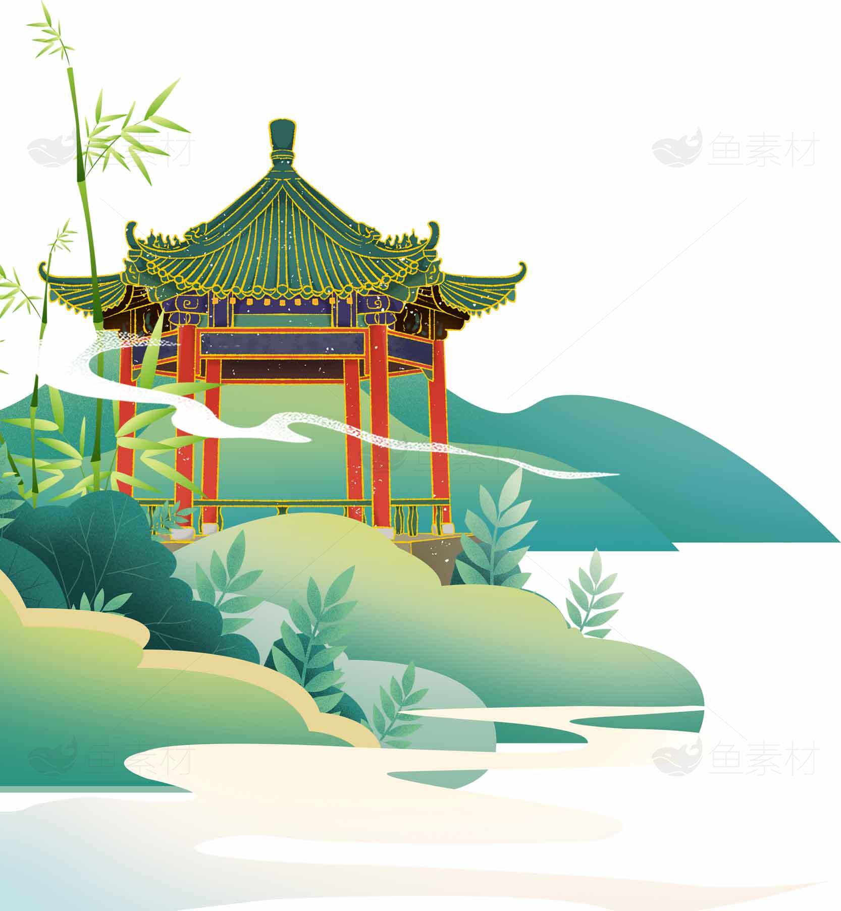 中国传统园林风景插画：湖畔亭台与自然景观素材