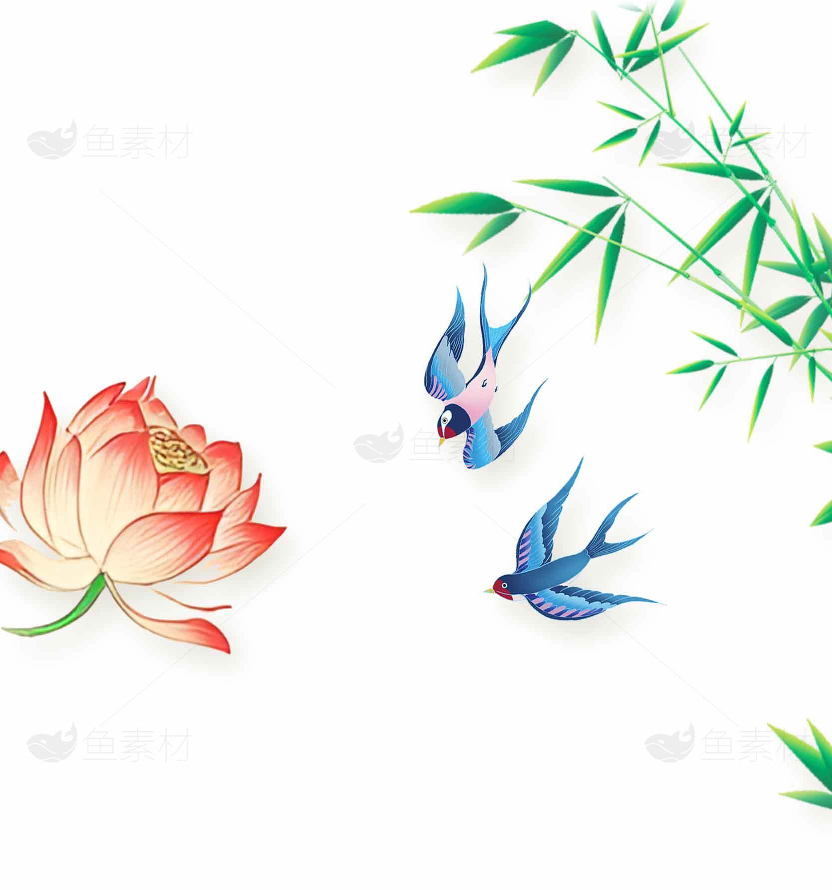 中国风竹子莲花与燕子插画图片素材