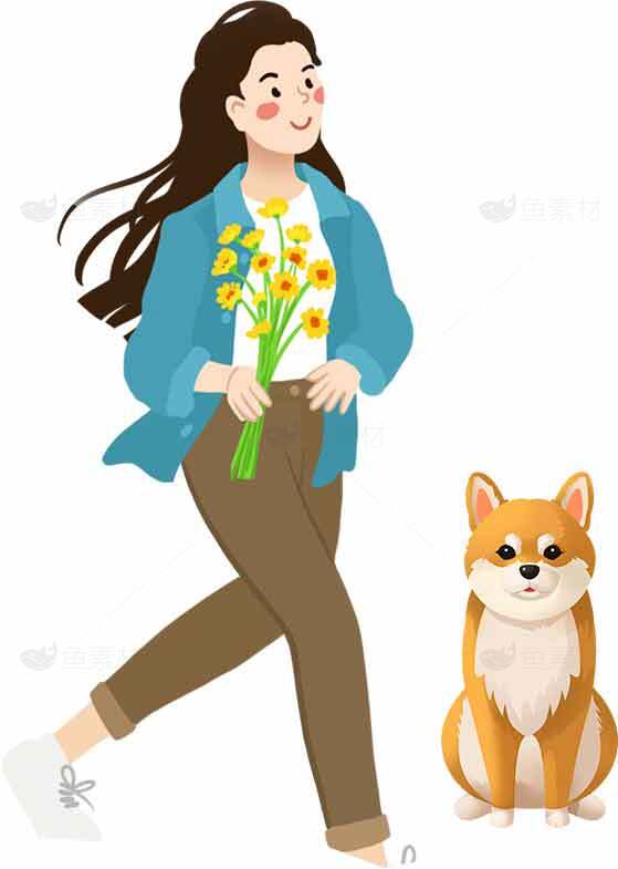 春日漫步与可爱柯基插画素材