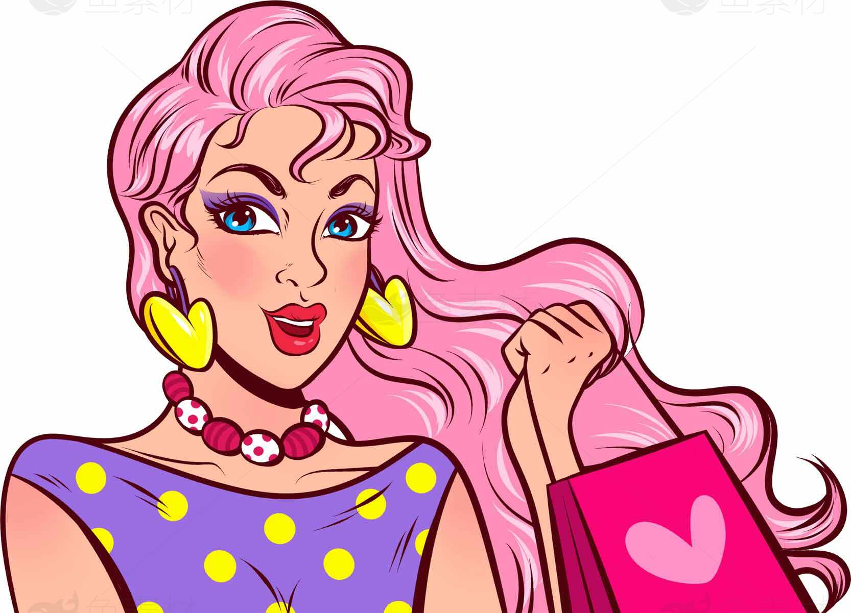 时尚卡通女性插画：粉色与购物主题素材