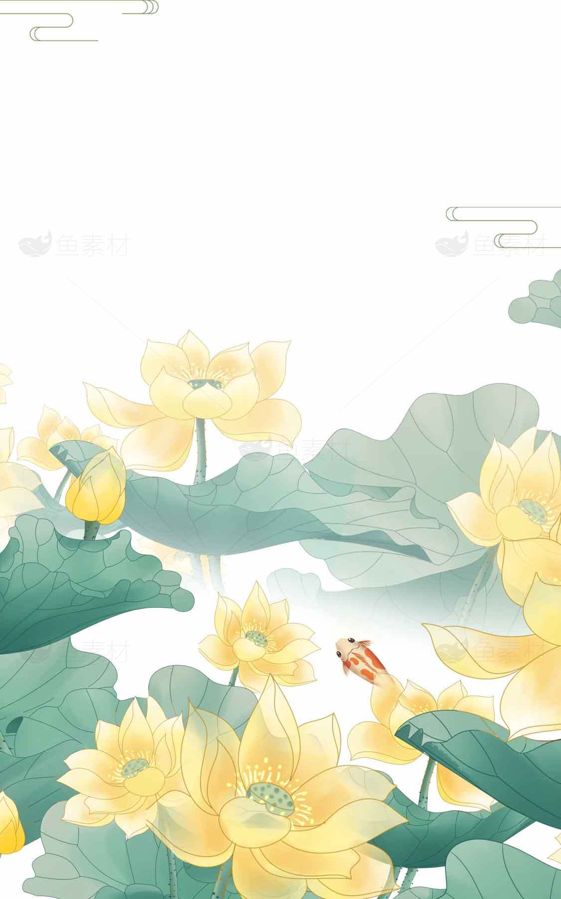 唯美荷花与锦鲤国风插画背景图片素材