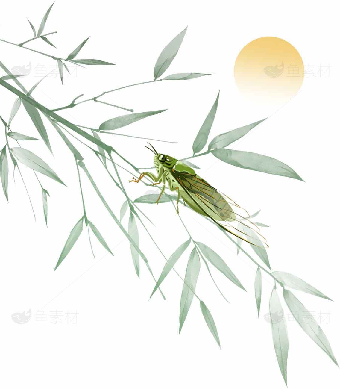 竹叶上的蝉与夕阳唯美意境插画素材