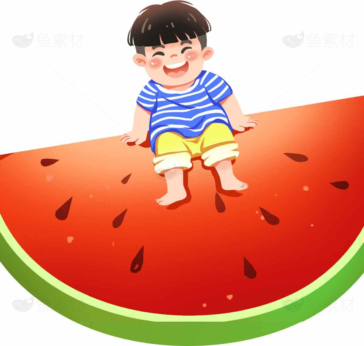 夏日清凉插画：孩子与西瓜的趣味时光素材