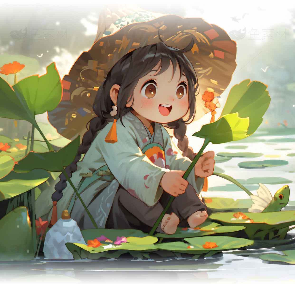 唯美荷塘插画艺术作品素材