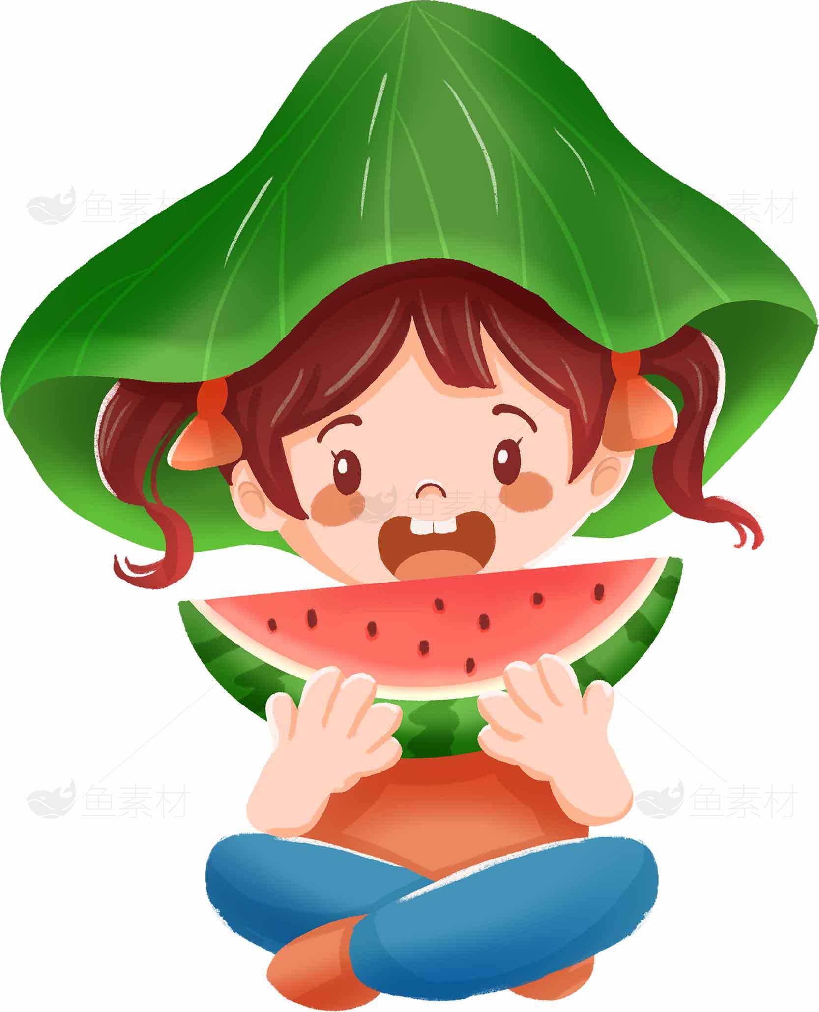 可爱女孩吃西瓜插画图片素材