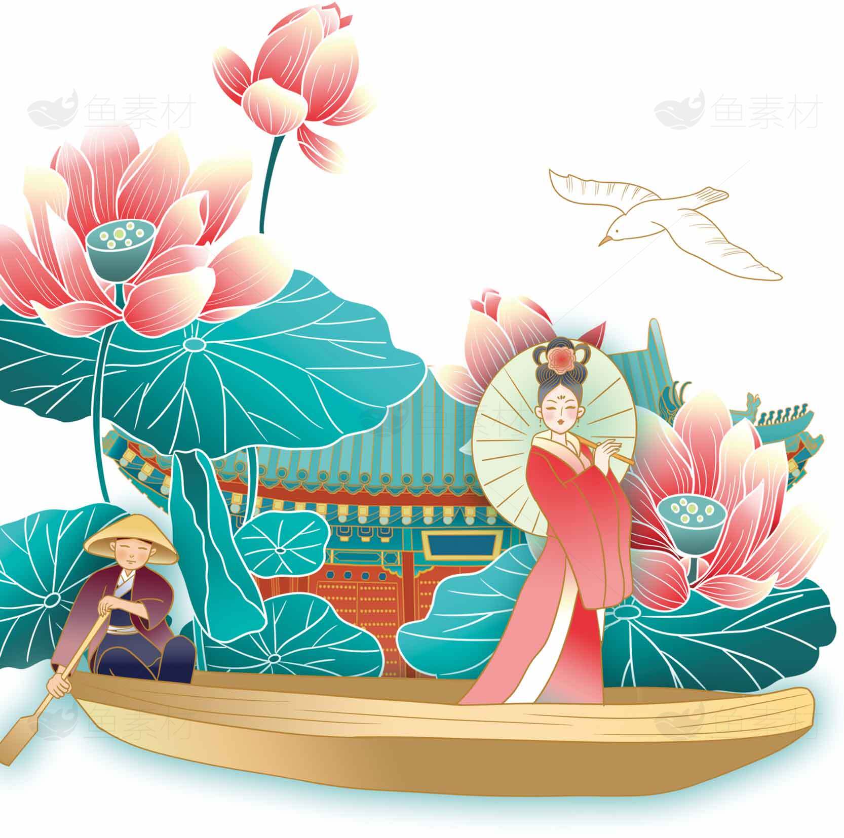 中国风荷花与古典女子插画素材