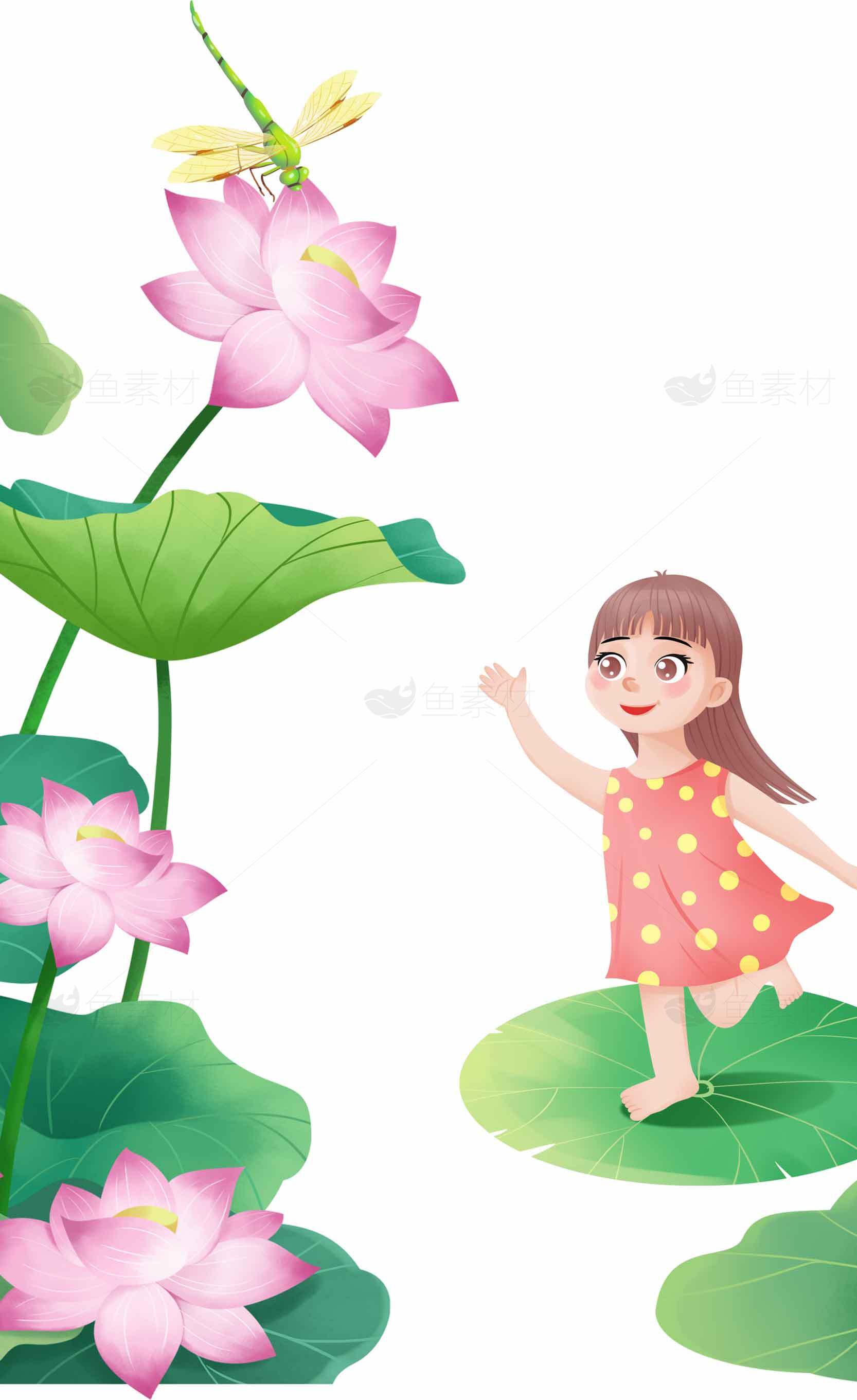儿童与荷花的唯美插画设计素材