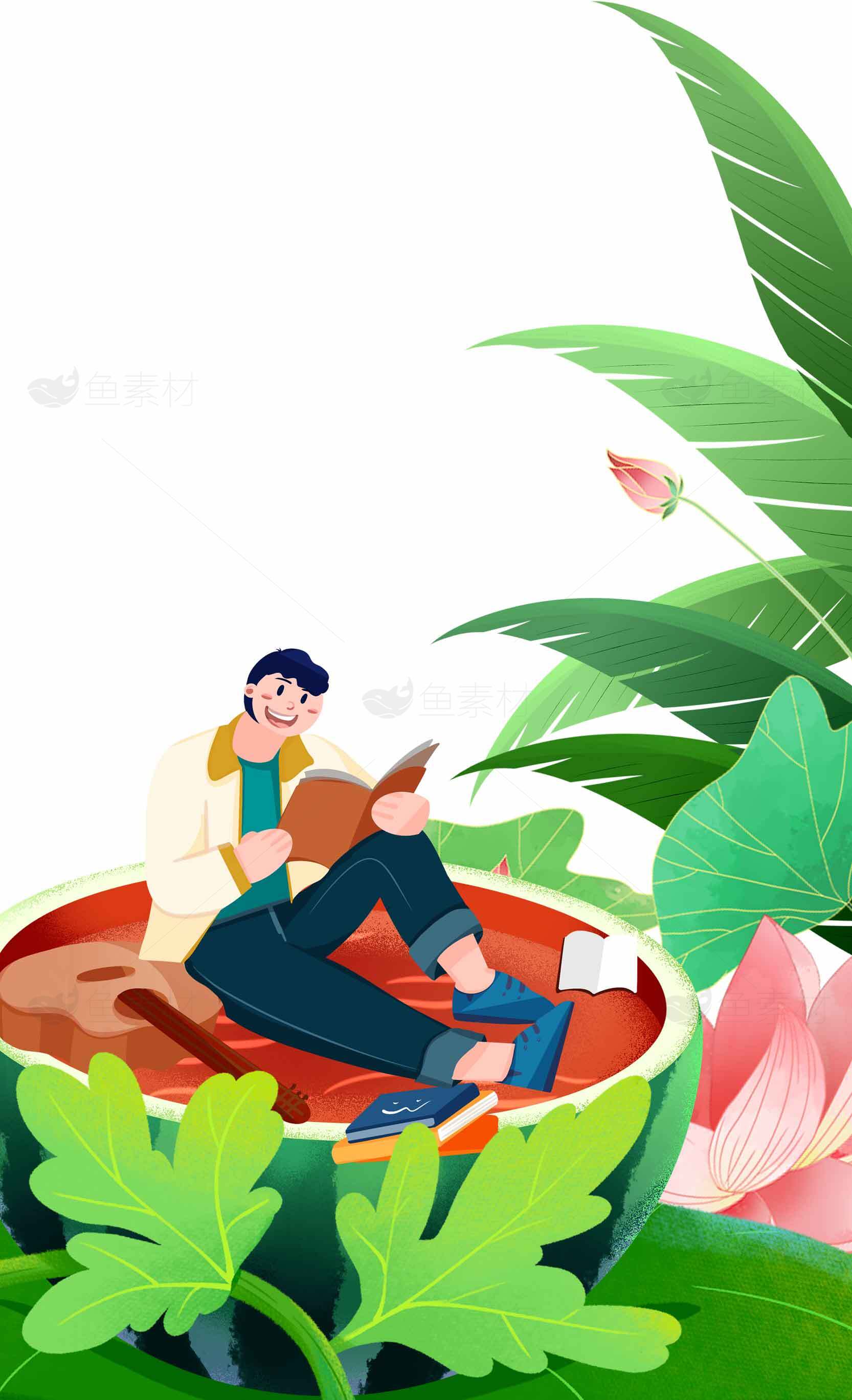 夏日清新插画：西瓜与绿叶的悠闲时光素材