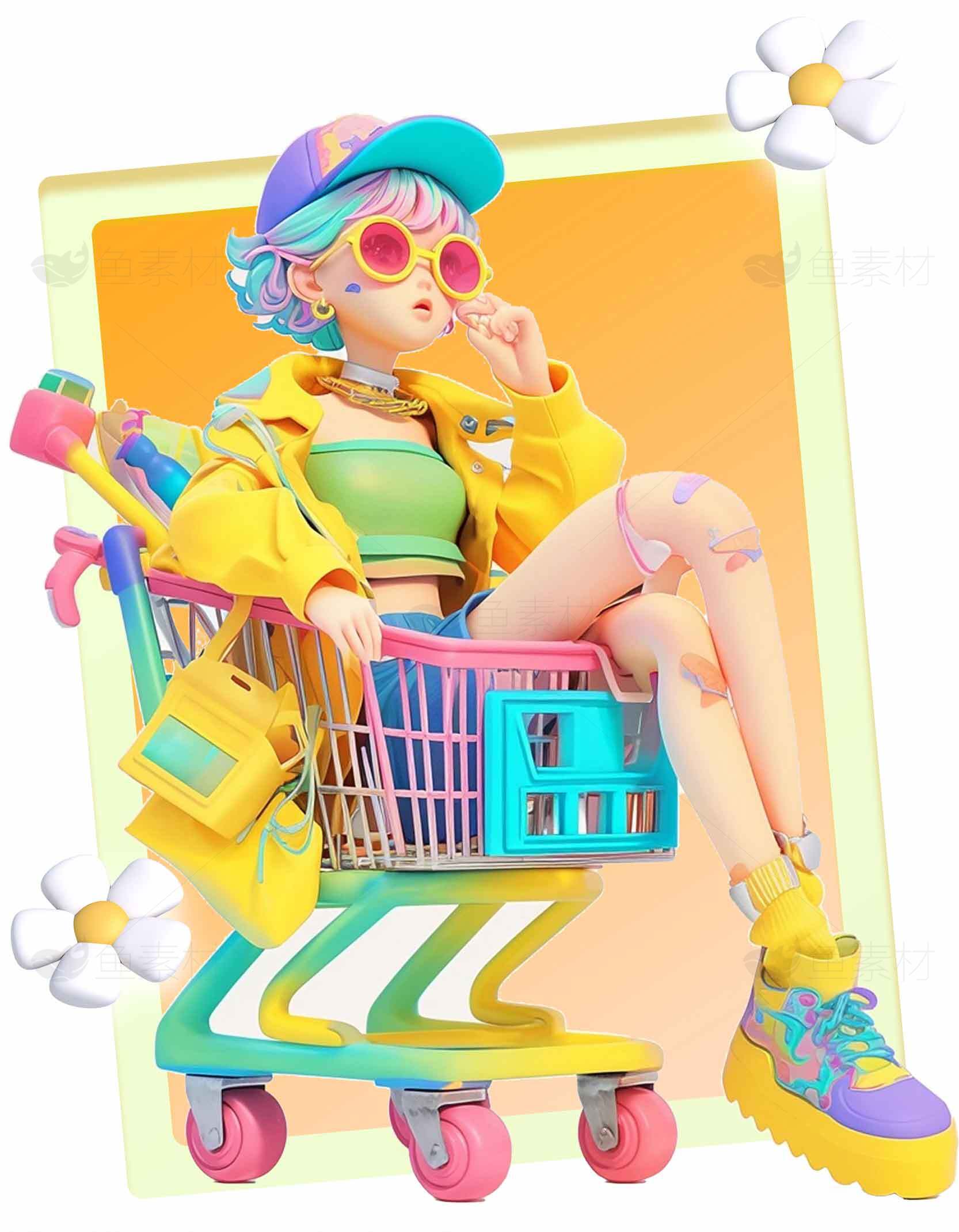 潮流购物车女孩插画设计素材