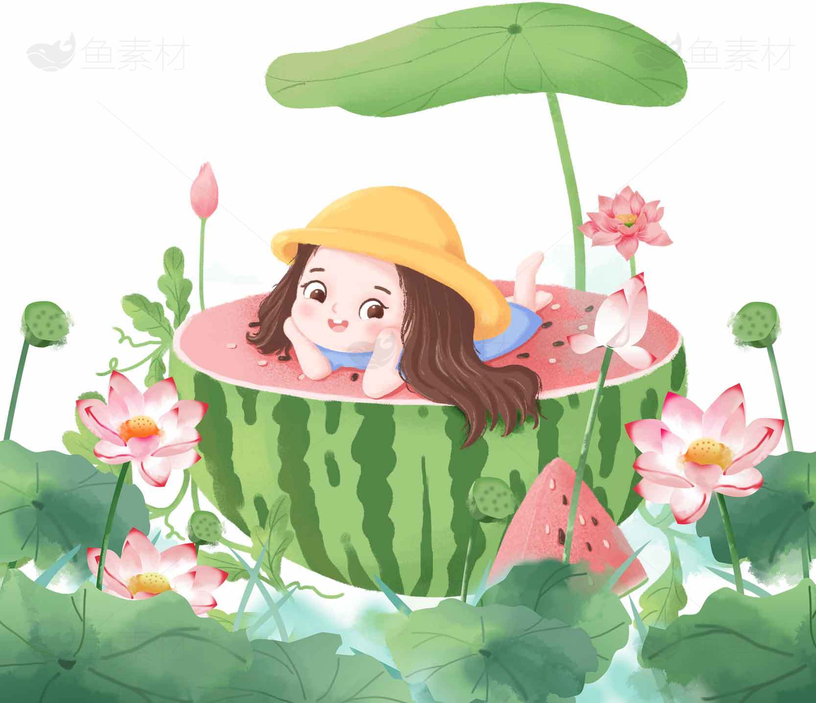 夏日清新插画：女孩与西瓜的童趣时光素材