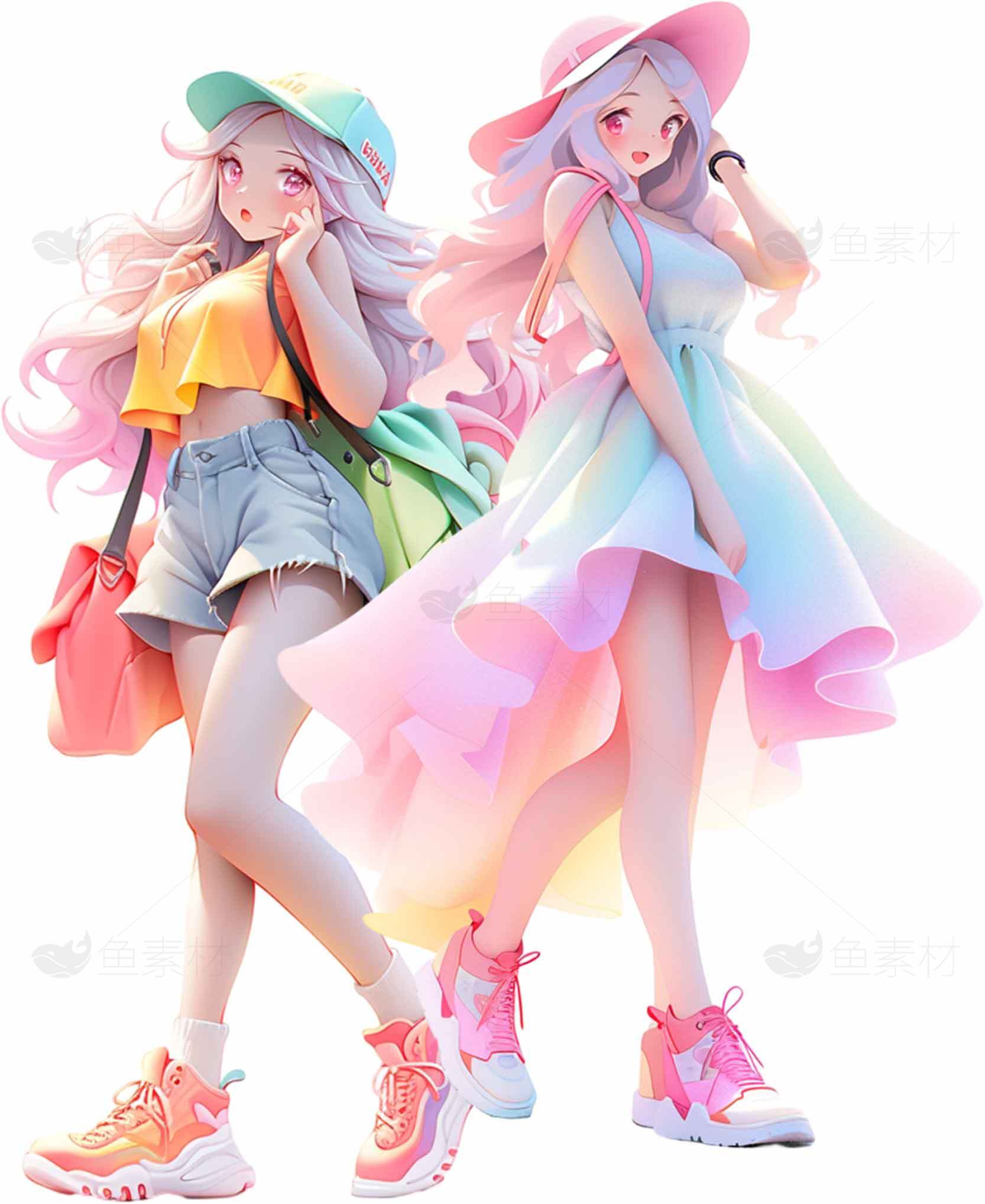 夏日少女时尚穿搭与梦幻渐变色彩素材
