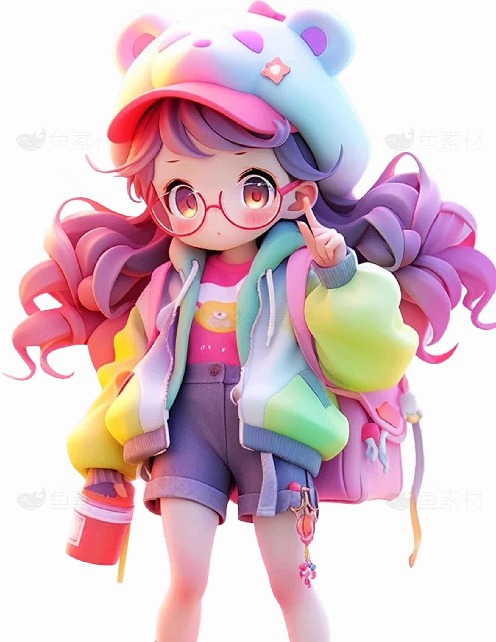 可爱卡通少女插画：梦幻渐变色设计素材