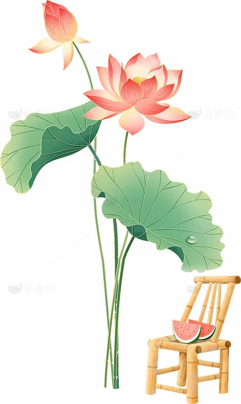 夏日荷花与竹椅清新插画素材
