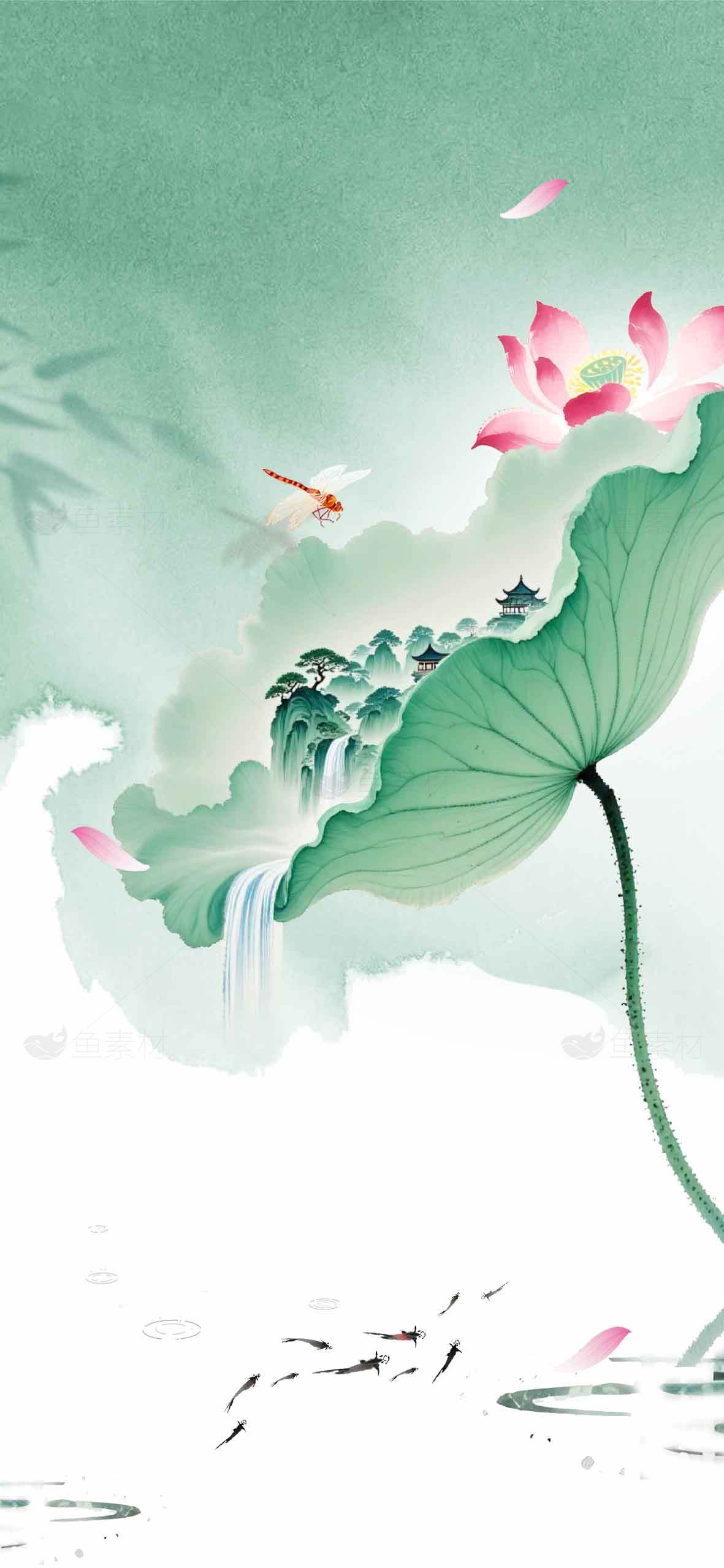 唯美中国风荷花与山水意境插画素材